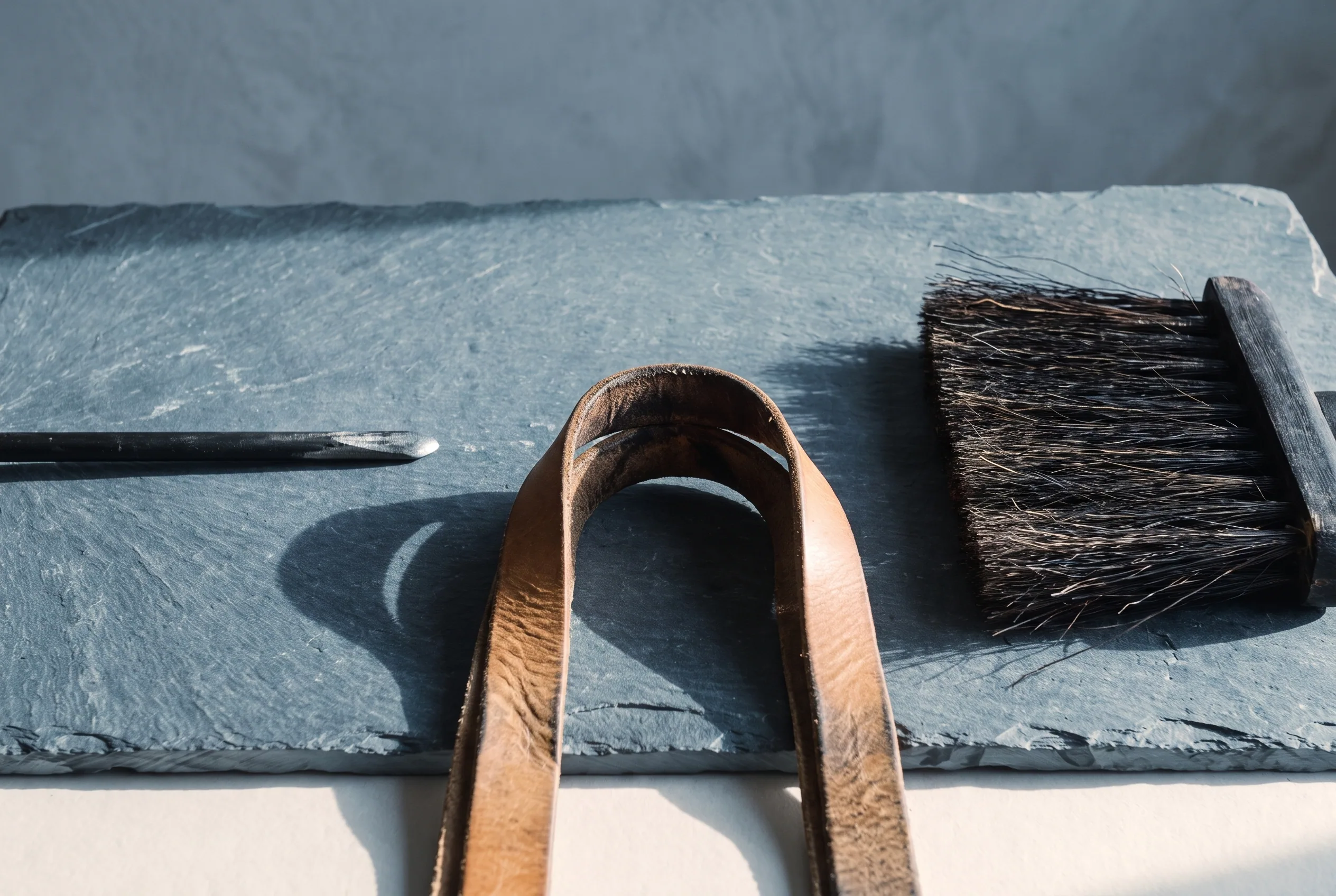 Three pieces photographed at their wear points: a poker whose black finish has worn to bright graphite at the tip, a log carrier handle whose leather has darkened and creased at the fold, and a horsehair broom head worn short along its leading edge.