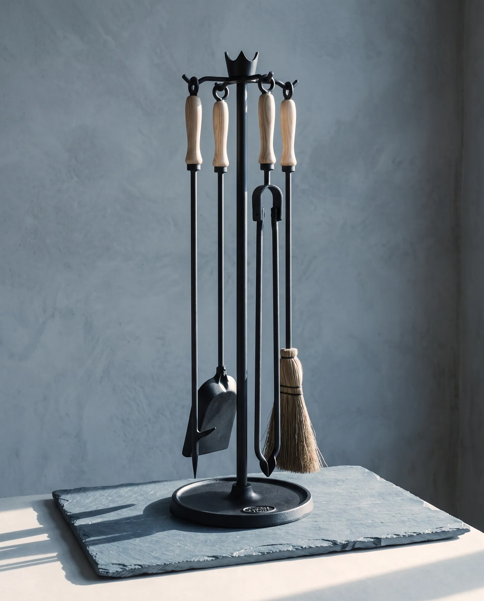 The Hearth Tool Set — Poker, shovel, broom and tongs on a standing rack.